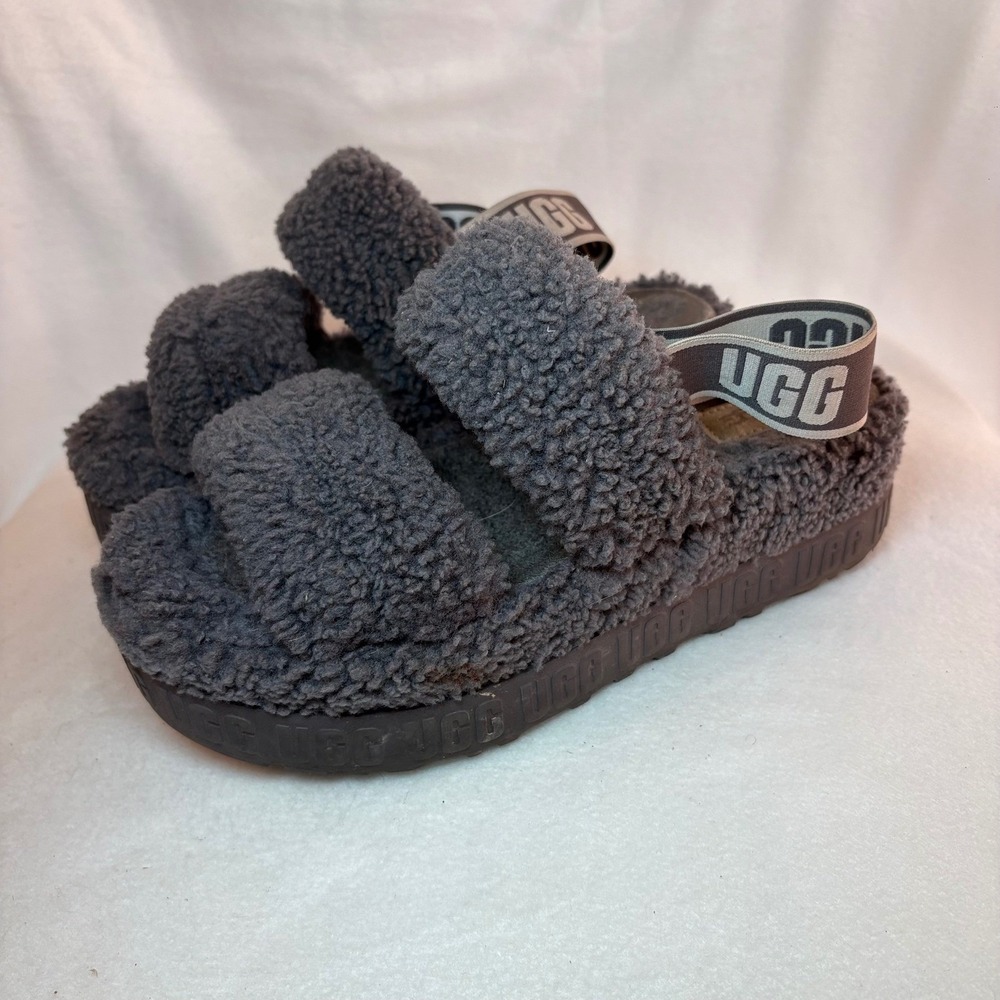 UGG Fluffita Charcoal Grey Sheepskin Platform Slingback Slide Size 7
